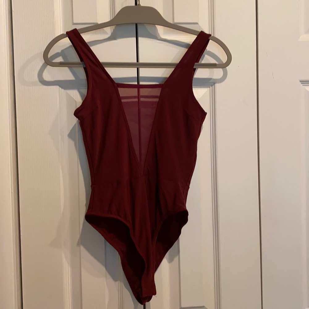 Forever 21 Maroon Mesh Front Bodysuit